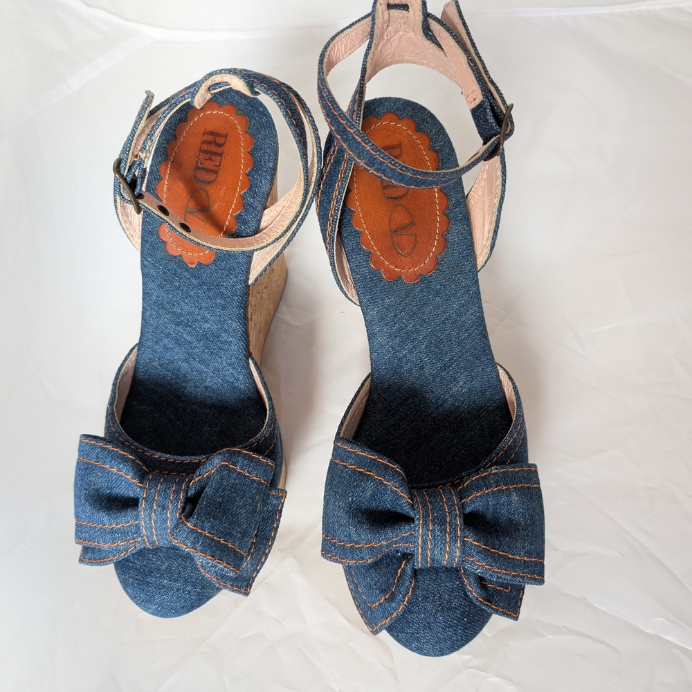 Red Denim Bow Wedge Sandals
